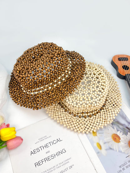 Handmade Wooden Beaded Sun Hat | Bohemian Openwork Beach Style