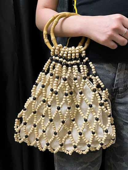 Custom Vintage Bamboo Beaded Bag | Handmade Wooden Bead Tote