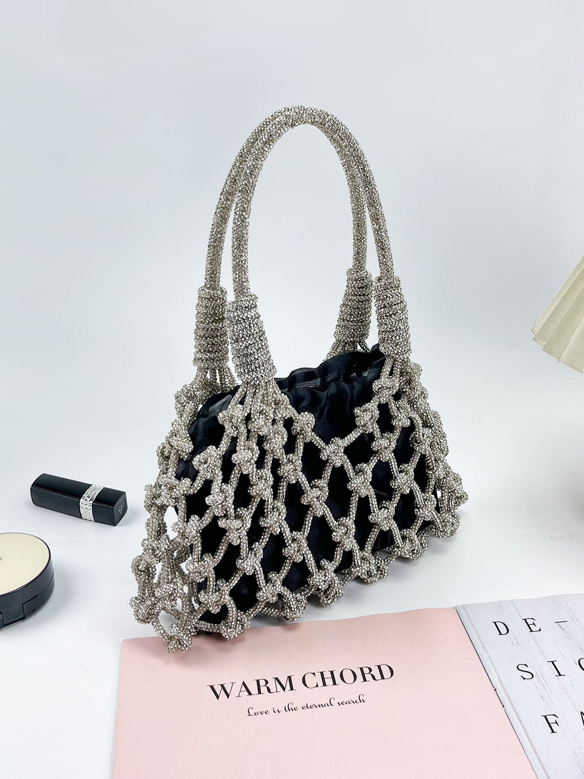 Handmade Silver Rhinestone Beaded Evening Bag | Openwork Mesh Design