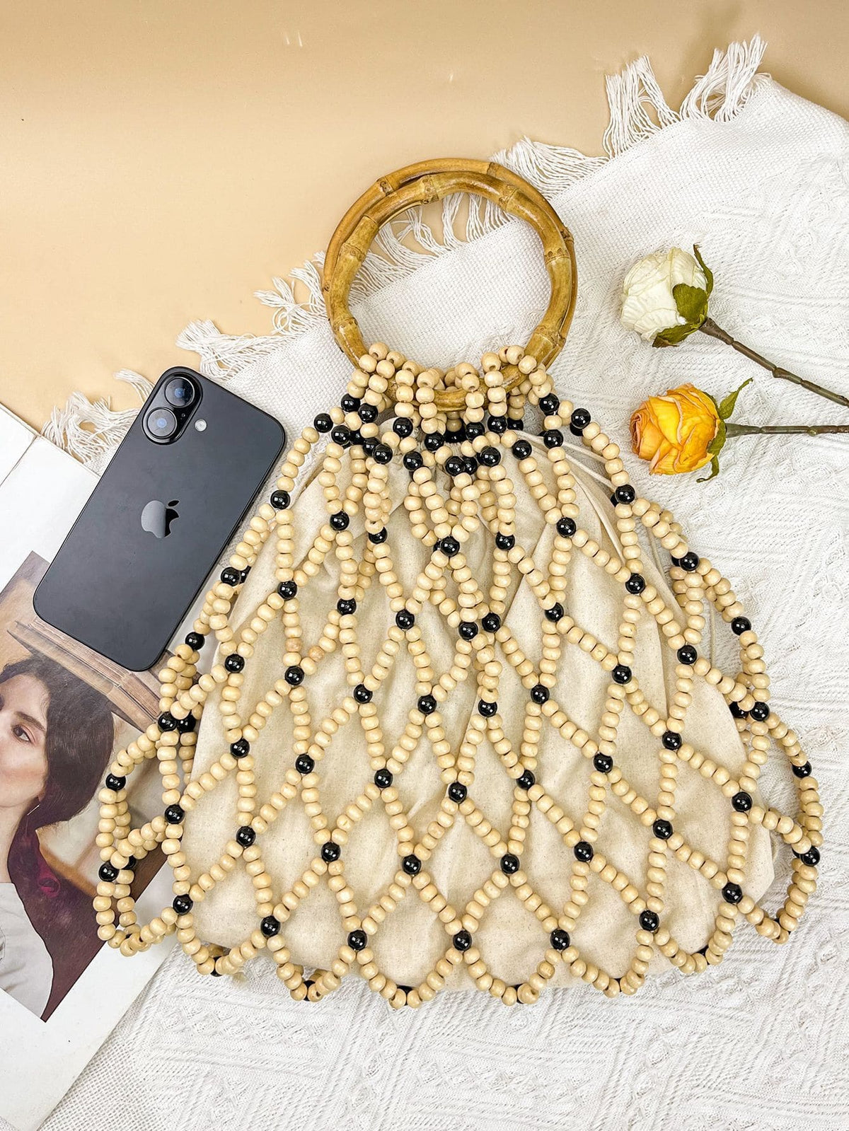 Custom Vintage Bamboo Beaded Bag | Handmade Wooden Bead Tote