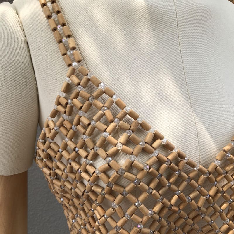 Wood Bead Mesh Camisole | Handwoven Statement Crop Top