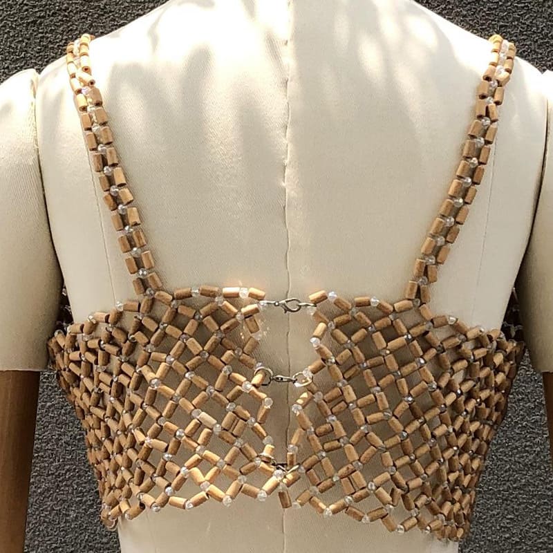 Wood Bead Mesh Camisole | Handwoven Statement Crop Top