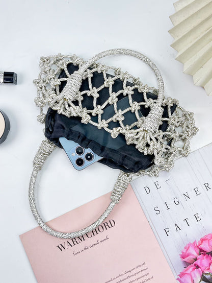 Handmade Silver Rhinestone Beaded Evening Bag | Openwork Mesh Design