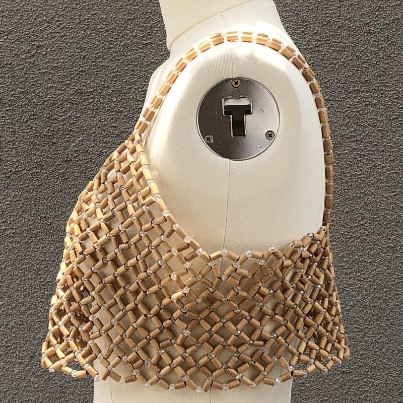 Wood Bead Mesh Camisole | Handwoven Statement Crop Top
