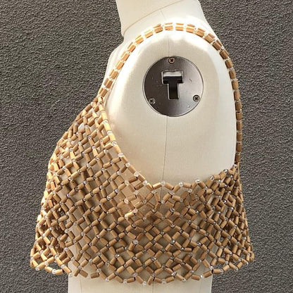 Wood Bead Mesh Camisole | Handwoven Statement Crop Top
