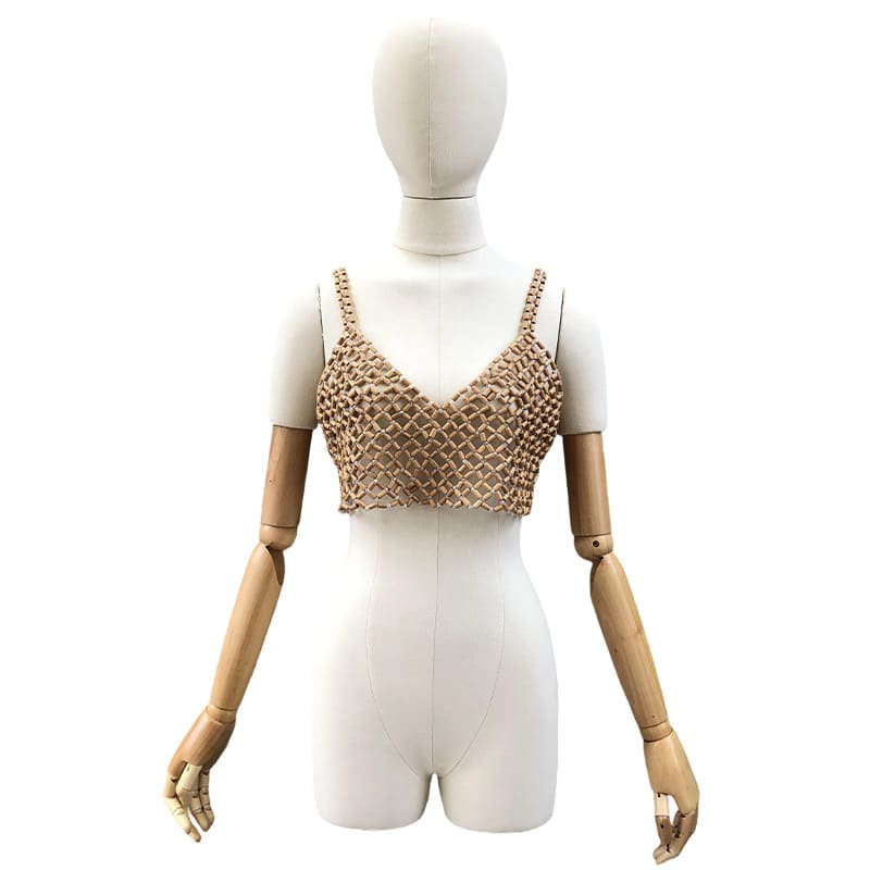 Wood Bead Mesh Camisole | Handwoven Statement Crop Top