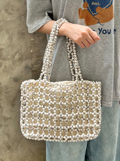 French Vintage Handmade Beaded Tote Bag | Elegant Women’s Woven Handbag