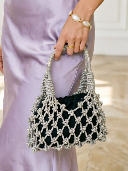 Handmade Silver Rhinestone Beaded Evening Bag | Openwork Mesh Design