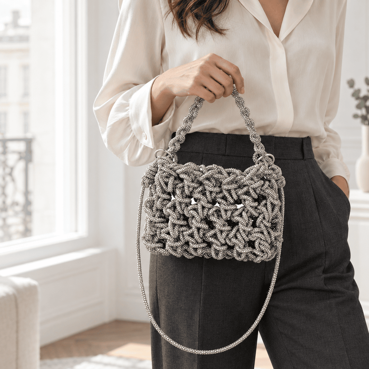 Handwoven Rhinestone Chain Evening Bag | Luxury Beaded Clutch