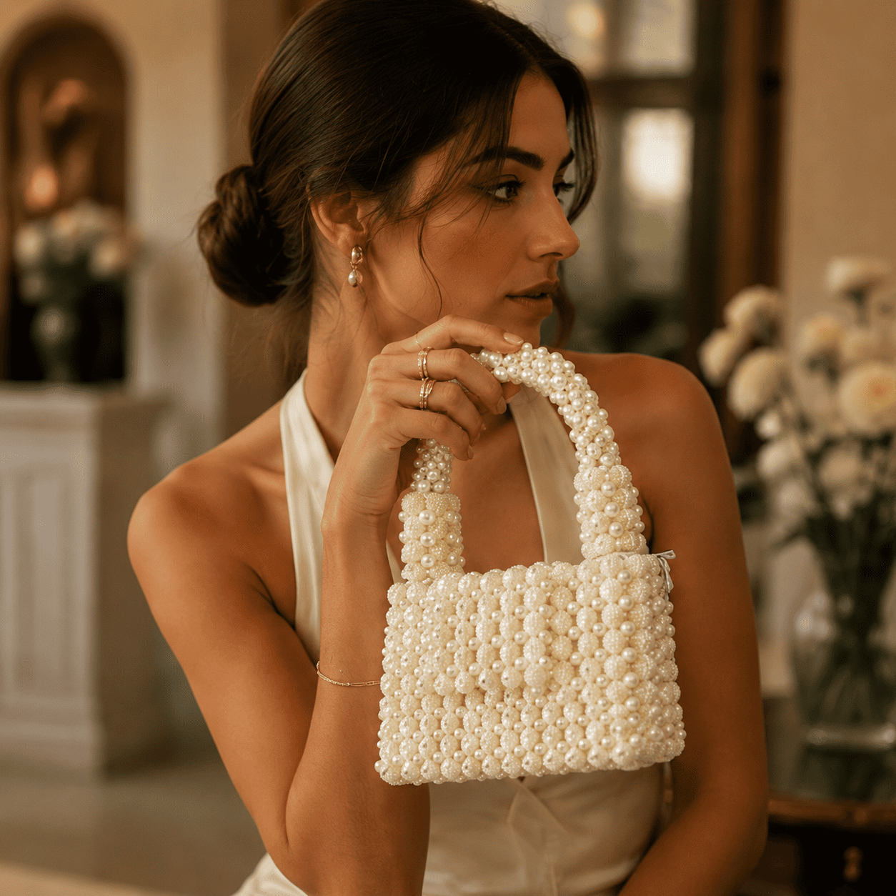 Elegant Handmade Pearl Top Handle Bag for Wedding & Evening