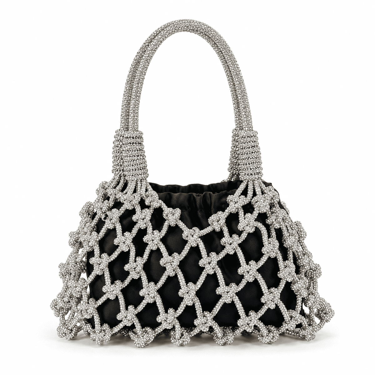 Handmade Silver Rhinestone Beaded Evening Bag | Openwork Mesh Design