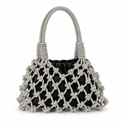 Handmade Silver Rhinestone Beaded Evening Bag | Openwork Mesh Design
