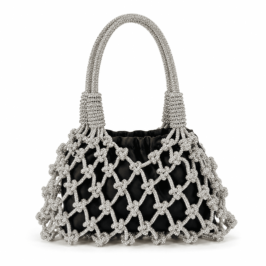Handmade Silver Rhinestone Beaded Evening Bag | Openwork Mesh Design