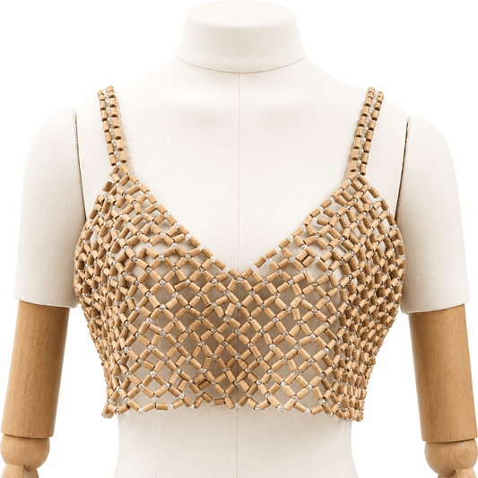 Wood Bead Mesh Camisole | Handwoven Statement Crop Top