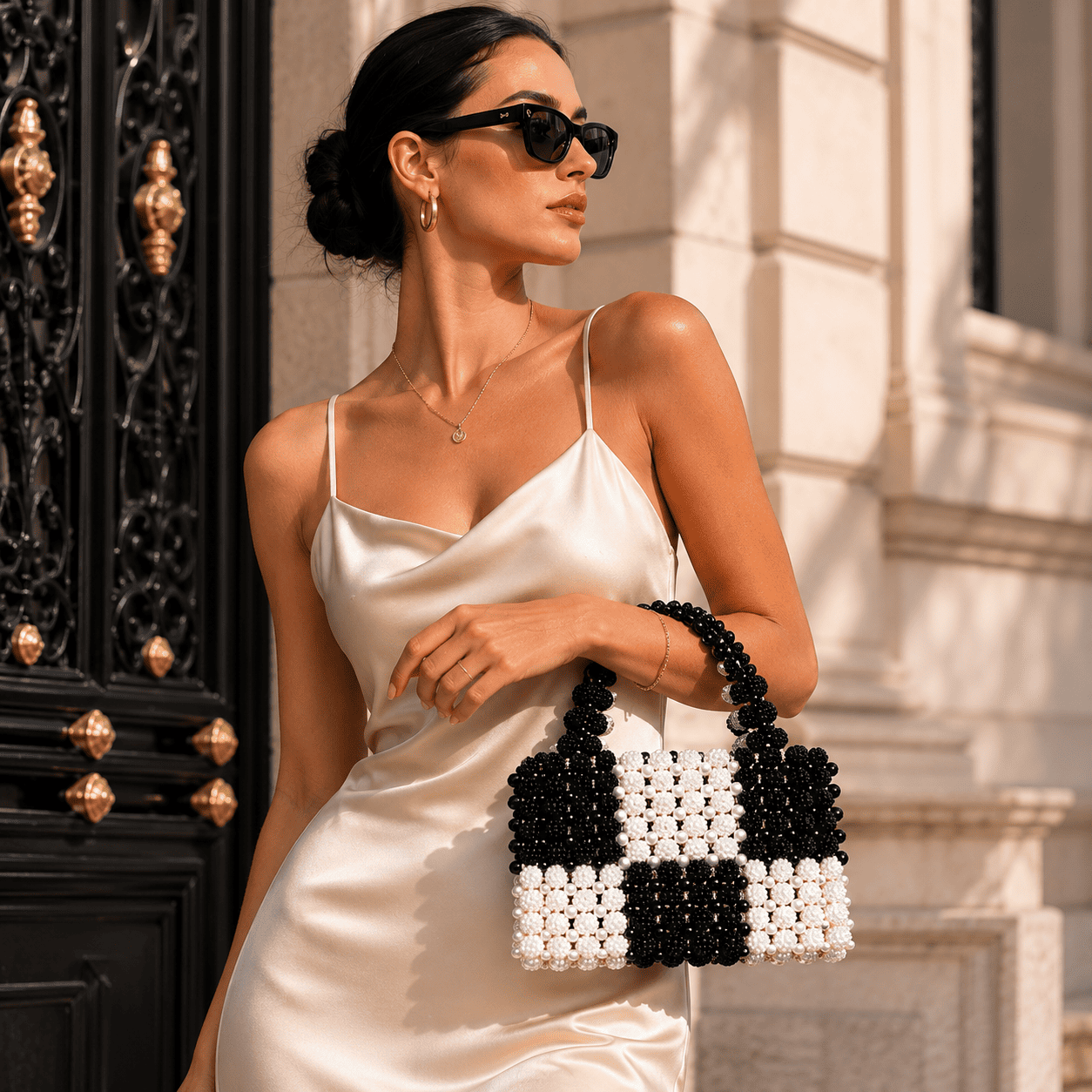Luxury Handmade Pearl Beaded Top Handle Handbag for Women