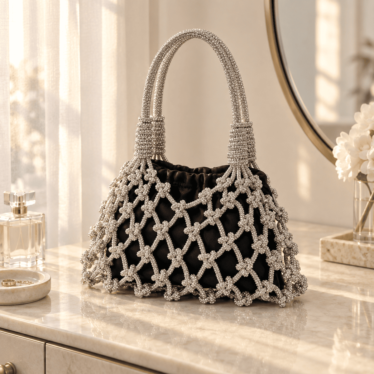 Handmade Silver Rhinestone Beaded Evening Bag | Openwork Mesh Design